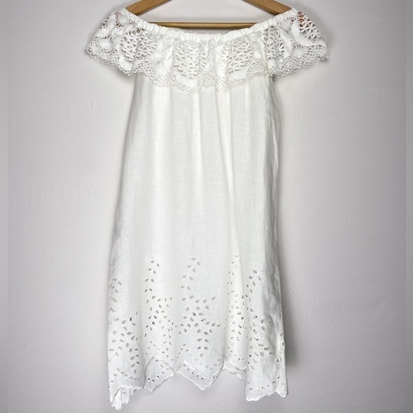 Ersilia Sz. S 100% linen handmade off the shoulder white lace and crochet dress - Picture 11 of 12